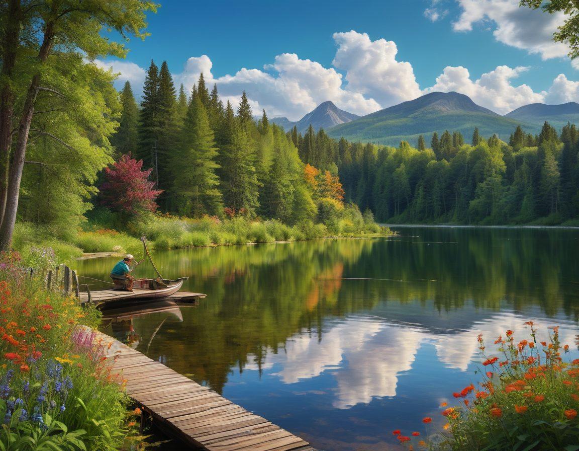 A picturesque lakeside scene depicting a joyful fisherman casting his line from a rustic wooden pier, surrounded by vibrant wildflowers and lush greenery. Fluffy clouds reflect on the calm water, with a picnic basket full of fresh catch and fishing gear nearby. The atmosphere radiates adventure and frugality, inviting readers to join the exploration. super-realistic. vibrant colors. serene nature.