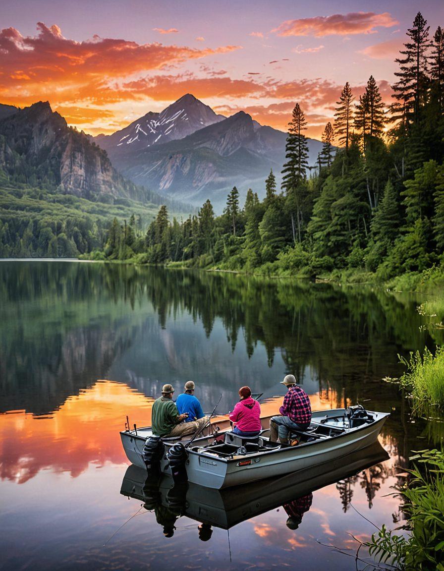 A picturesque lakeside scene featuring a diverse group of people enjoying fishing with high-quality gear. The sun sets in the background, casting vibrant orange and pink hues on the water. Include fishing supplies like rods, tackle boxes, and coolers, while showcasing happy expressions of family and friends. Add lush greenery and distant mountains to enhance the outdoor experience. super-realistic. vibrant colors. scenic background.