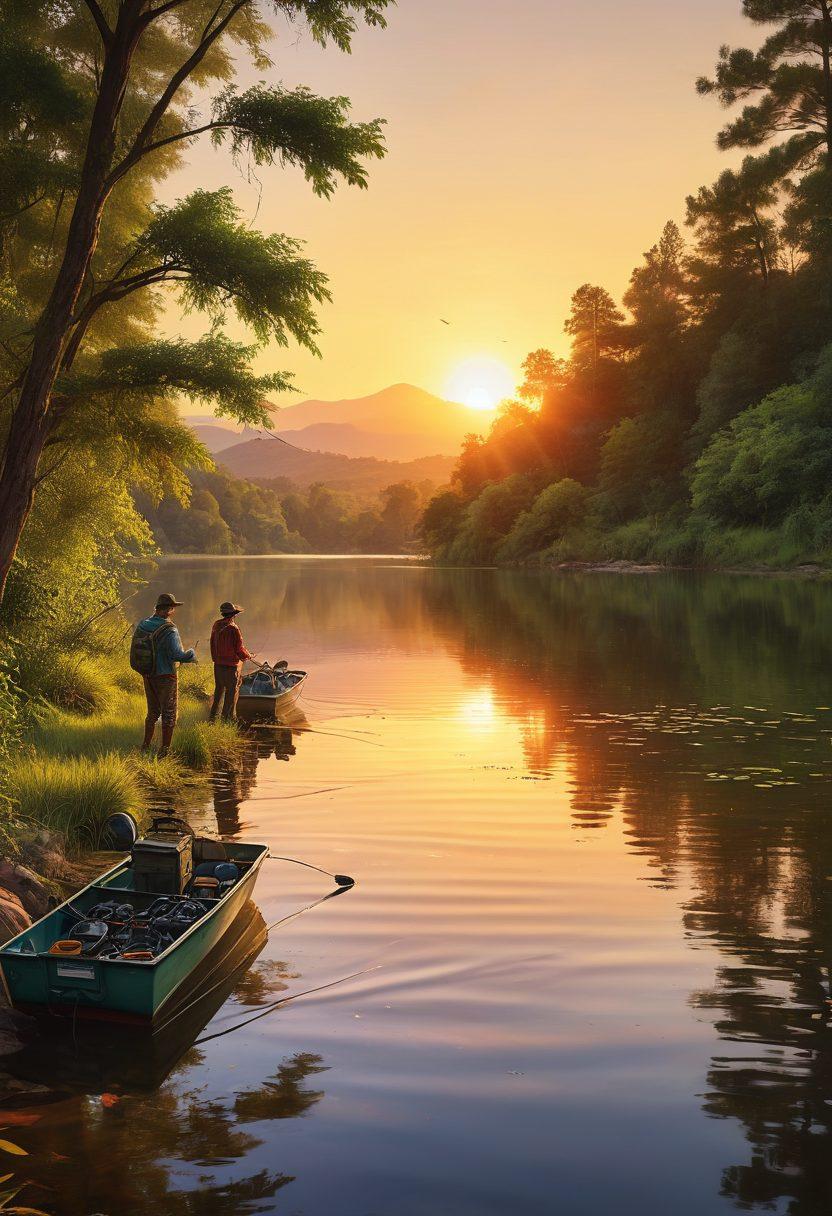 A serene lakeside scene featuring a diverse group of people joyfully fishing with various inexpensive fishing gear, surrounded by lush greenery and sunlight reflecting off the water. Add a mix of colorful tackle boxes and fishing poles, with happy expressions on their faces as they catch fish. Illustrate a vibrant sunset in the background to evoke a sense of adventure and elation. super-realistic. vibrant colors. peaceful outdoor atmosphere.